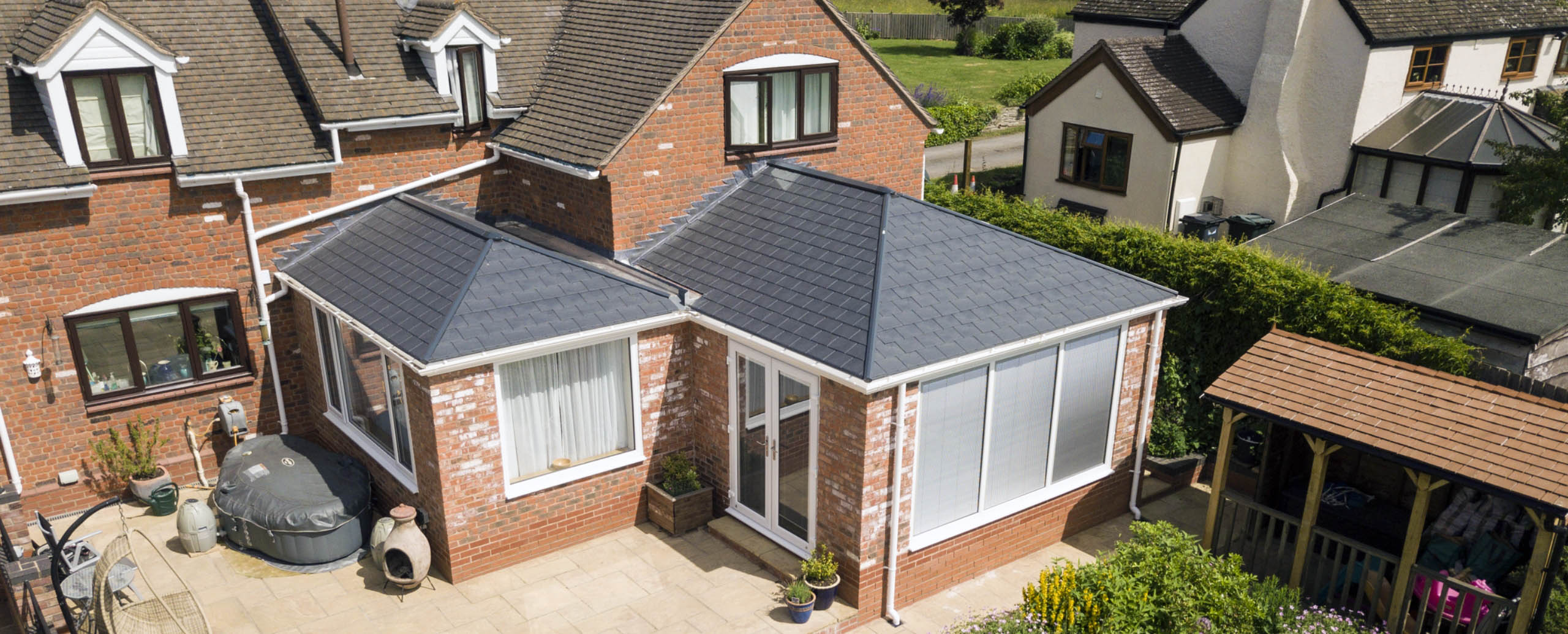 overhead view of two extensions with tiled roofs