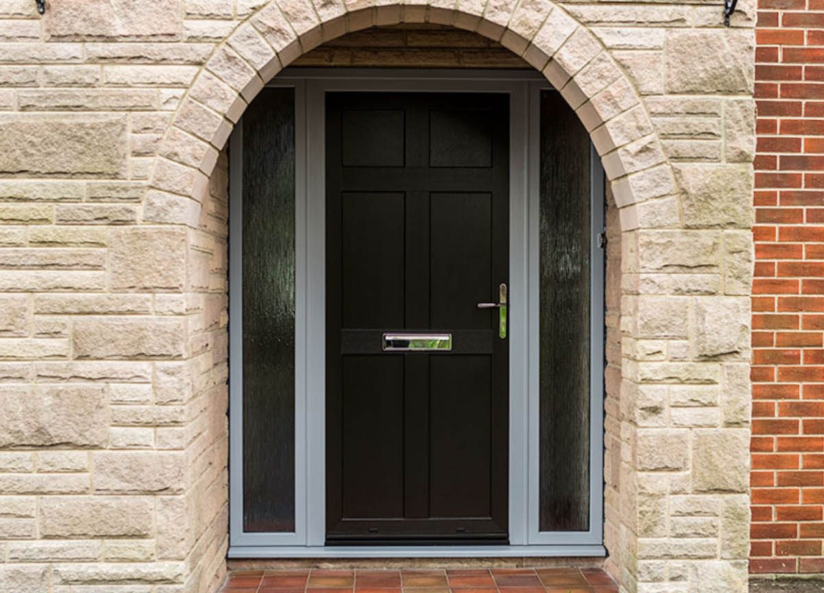 black front door with side windows